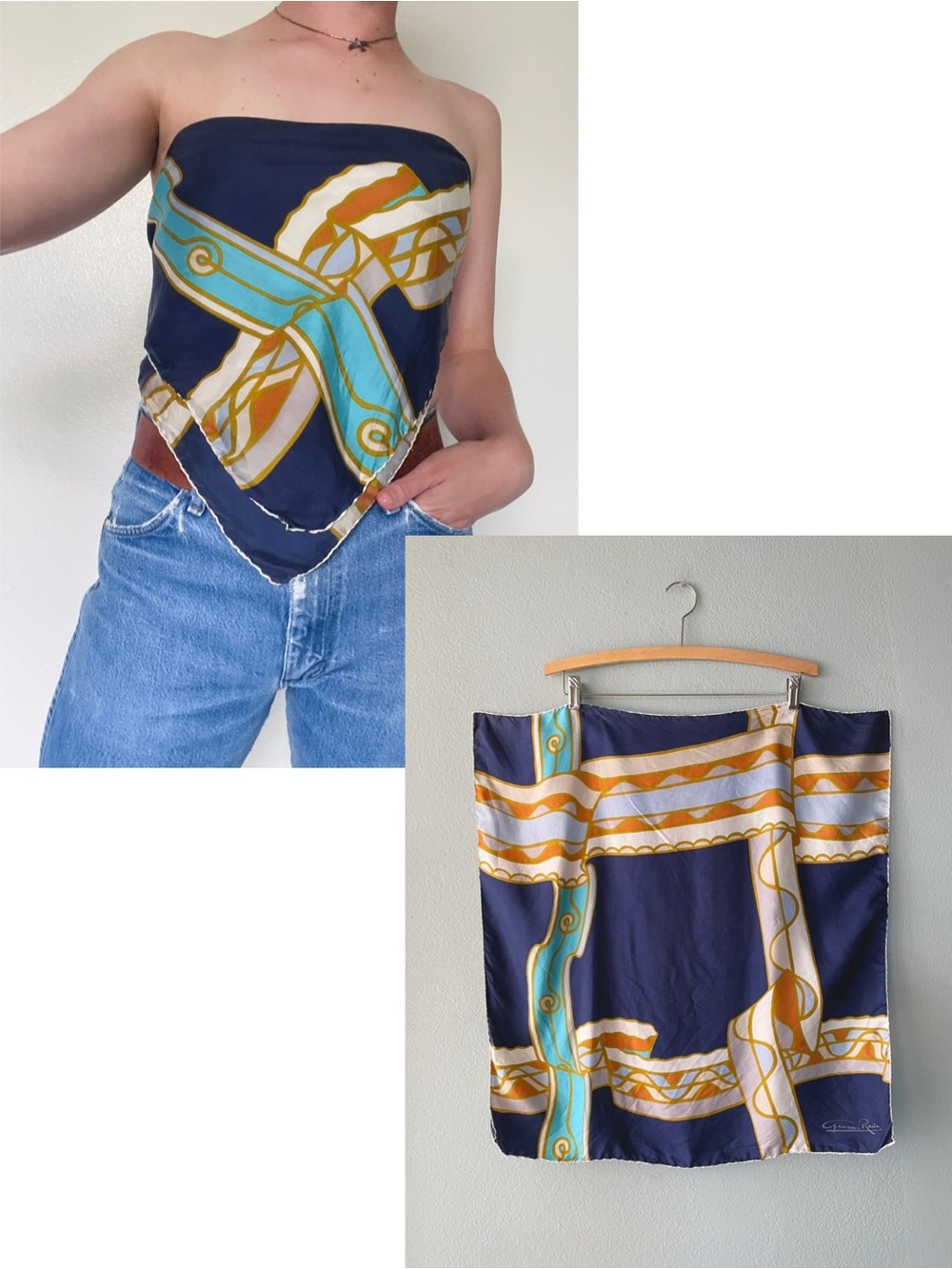 🌱5/$25🌱 Gianni Reda | Vintage 80s Navy Silk Scarf Neckerchief Ribbon Pattern
